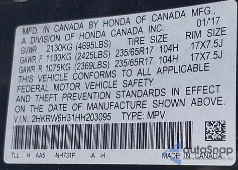 2017 Honda Cr-V Lx from USA, damaged, VIN 2HKRW6H31HH203095
